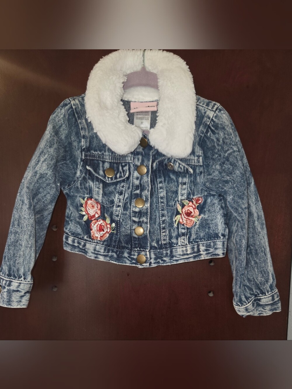 Little Lass Blue Denim Jacket Embroidered Rose And Faux Fur Collar